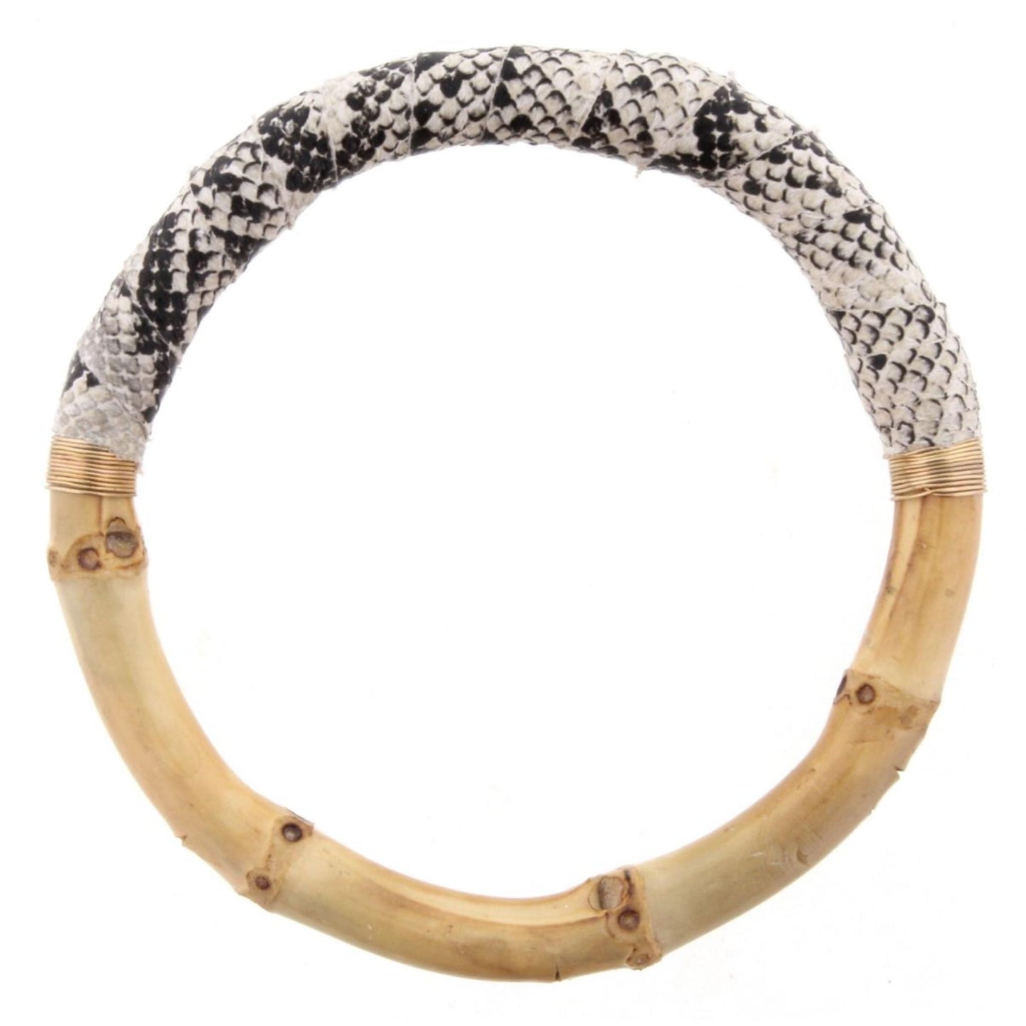 Bamboo Bangle Bracelet with White & Black Snakeskin Leather Wrap