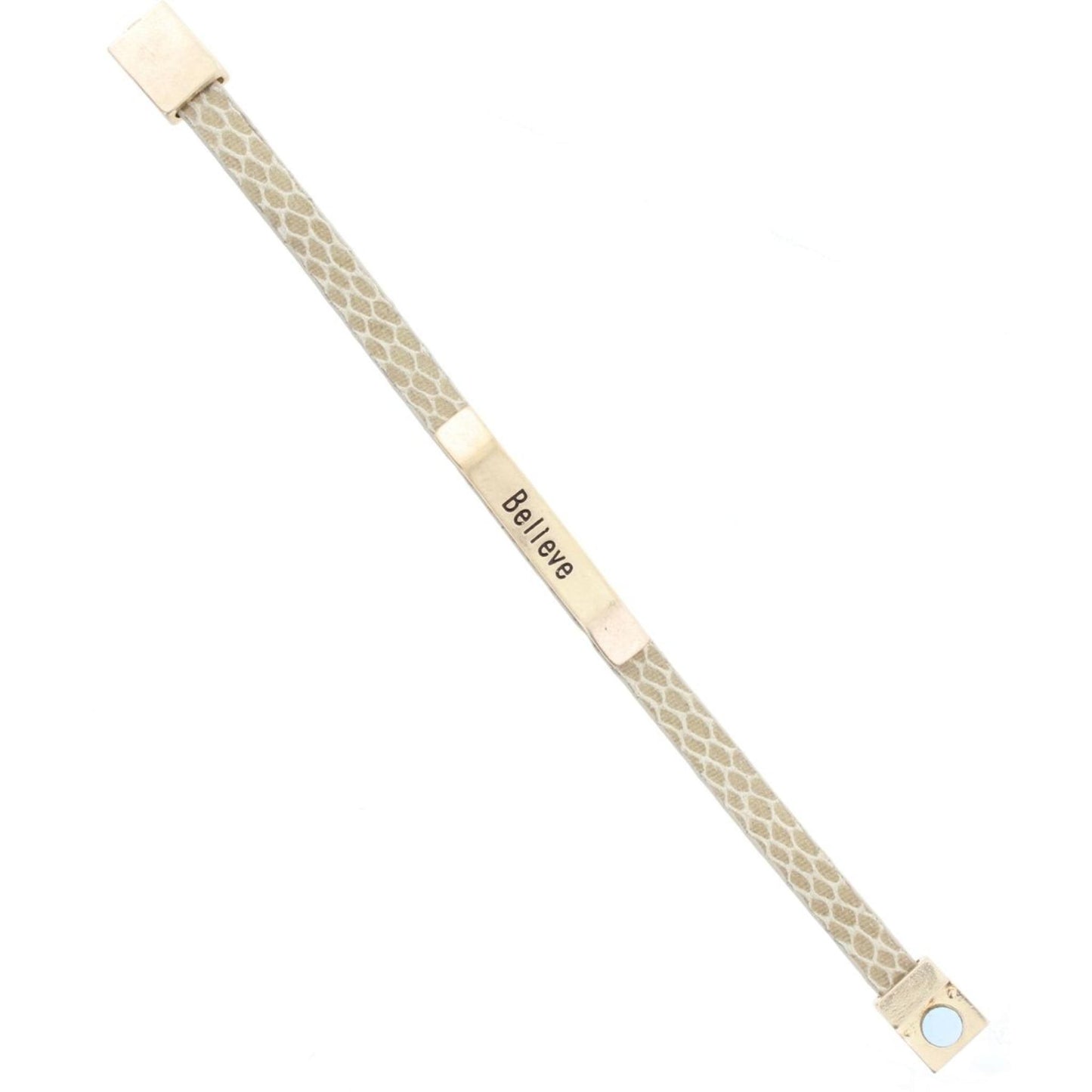 Cream Leather Snake Bracelet with Gold Bar "Believe"