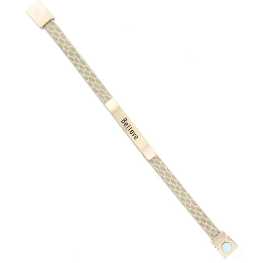 Cream Leather Snake Bracelet with Gold Bar "Believe"