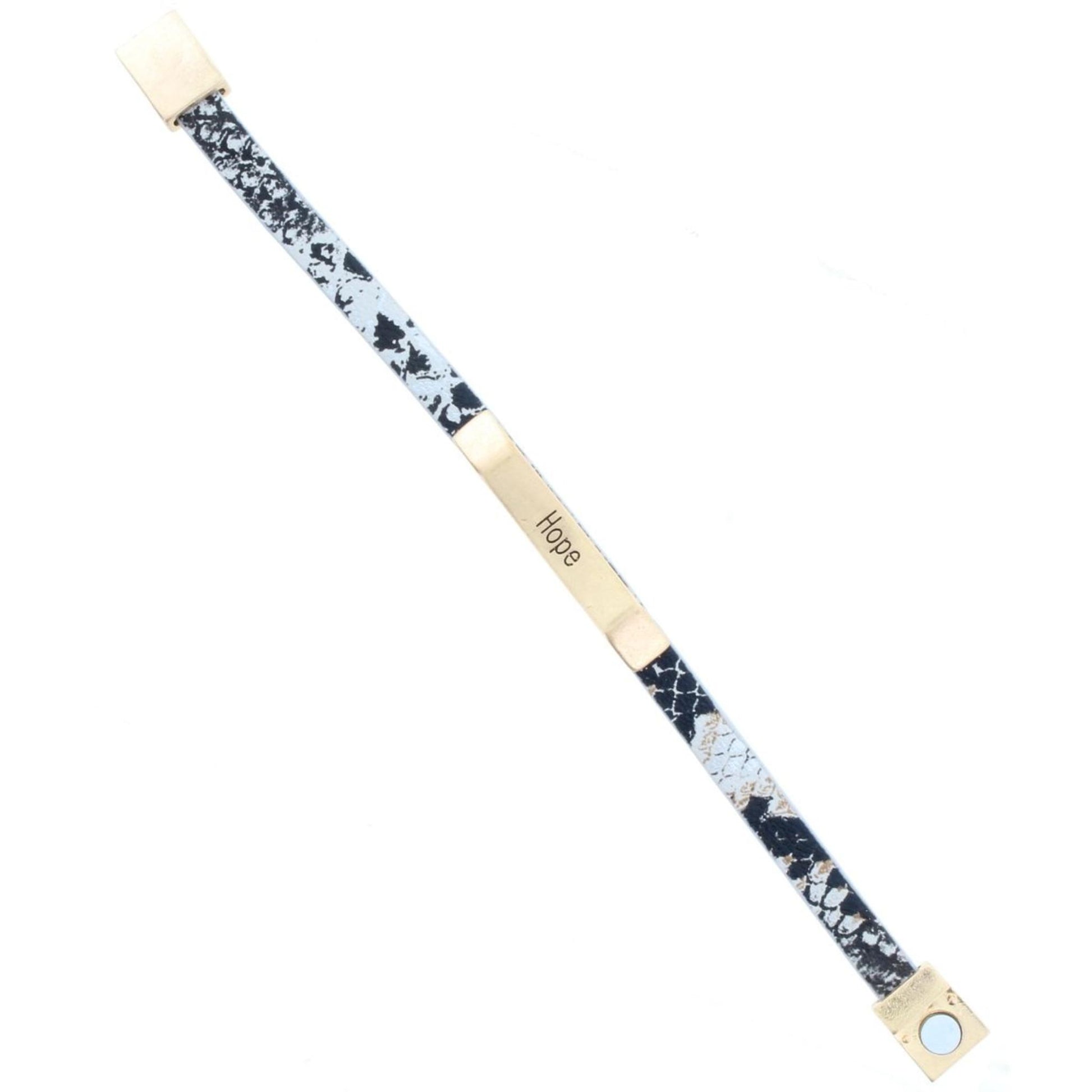 Black and Silver Snake Skin Bracelet with Gold Bar "Hope"