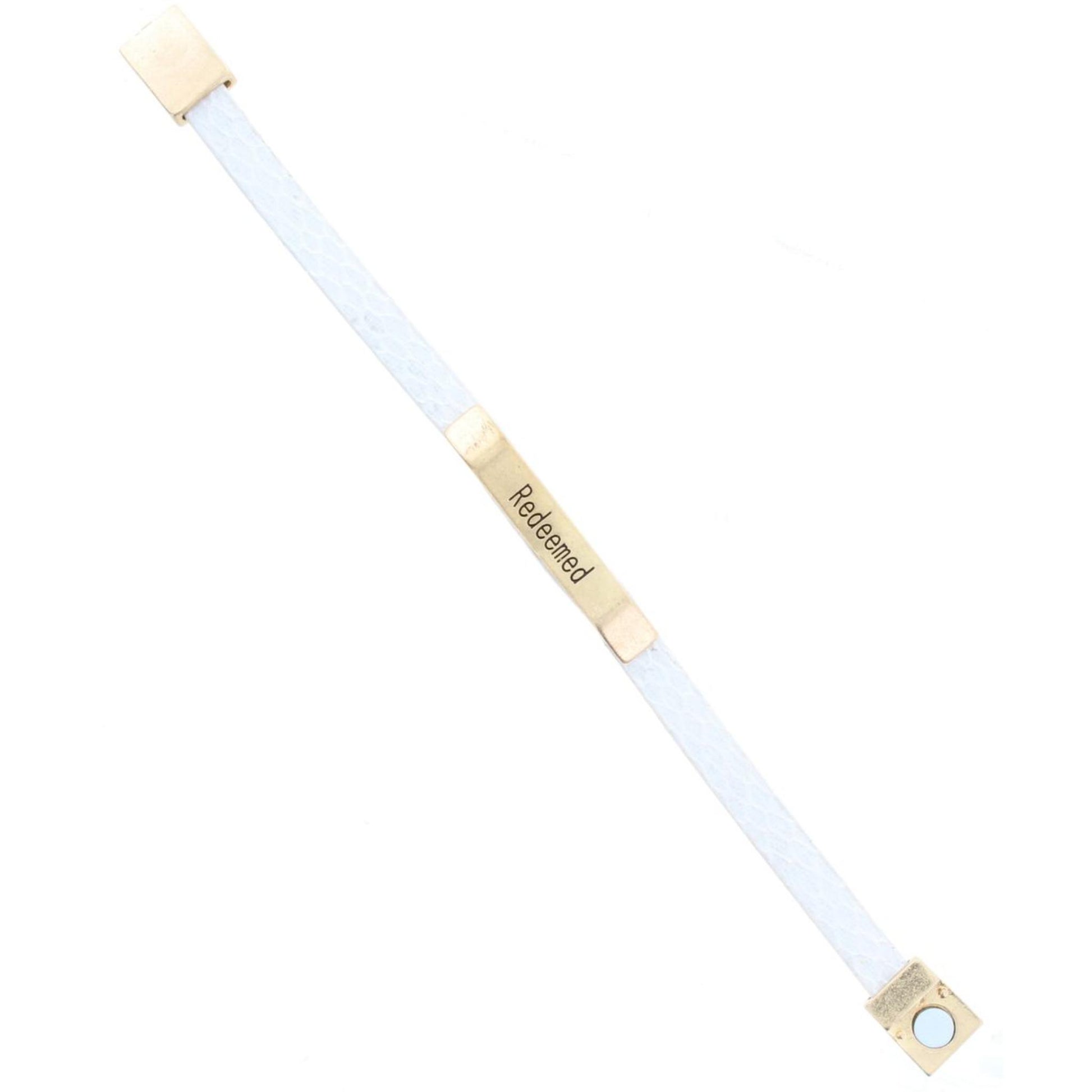 White Leather Snake Bracelet with Gold Bar "Redeemed"