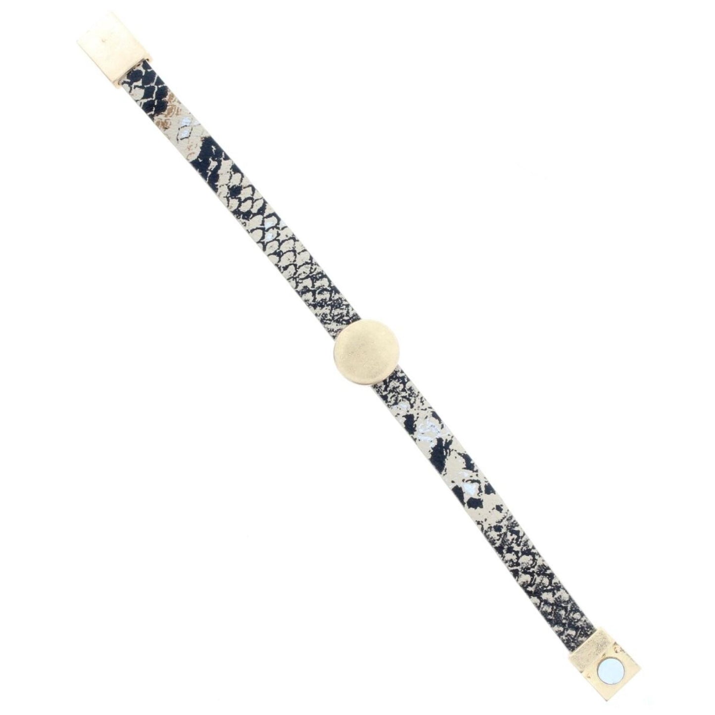 Black and Cream Leather Bracelet with Gold Circle