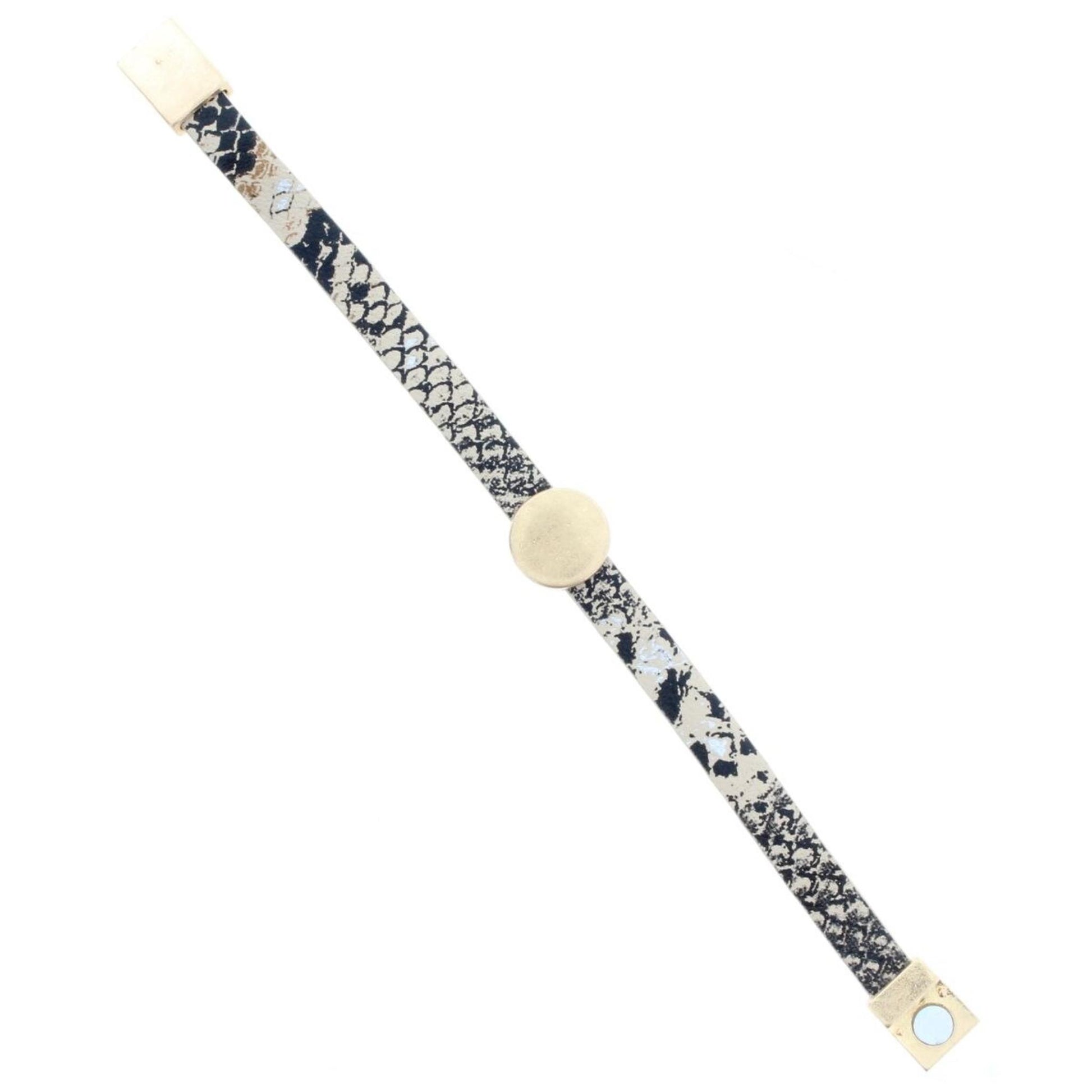 Black and Cream Leather Bracelet with Gold Circle