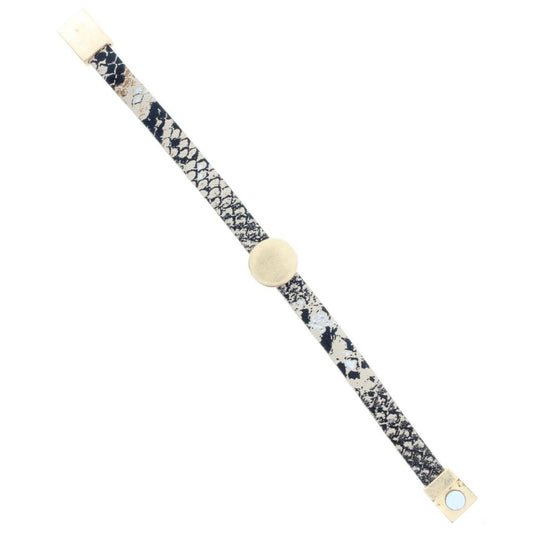 Black and Cream Leather Bracelet with Gold Circle