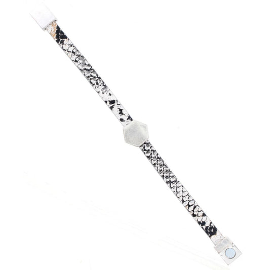 Black and Silver Leather Snake Bracelet with Silver Hexagon