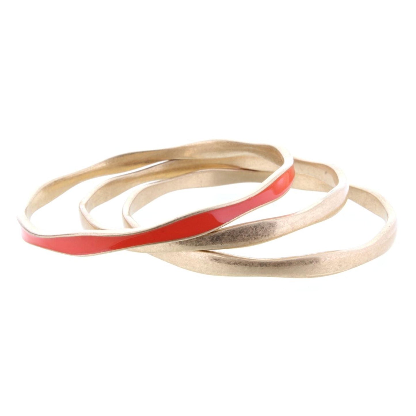 3 Gold Wavy Bangle Bracelets with One Orange Epoxy Accent