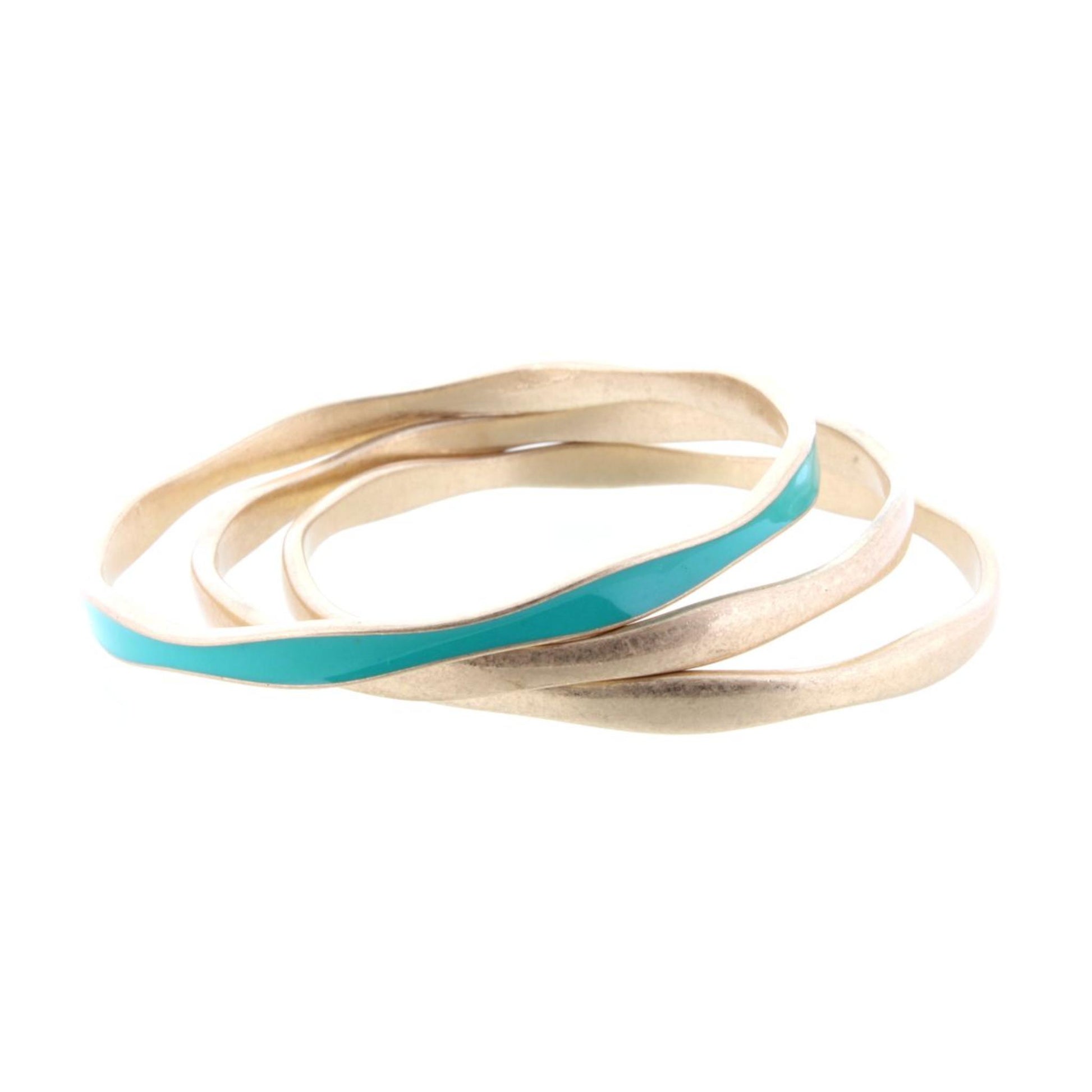 3 Gold Wavy Bangle Bracelets with One Turquoise Epoxy Accent
