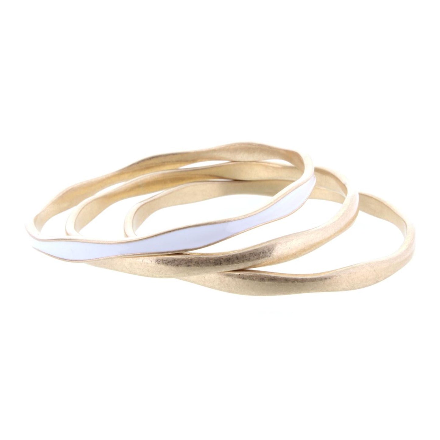 3 Gold Wavy Bangle Bracelets with One White Epoxy Accent