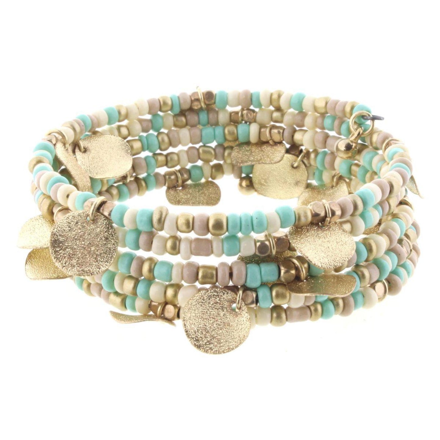 Cream & Mint Beaded Coil Bracelet with Gold Disks