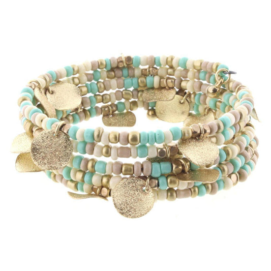 Cream & Mint Beaded Coil Bracelet with Gold Disks