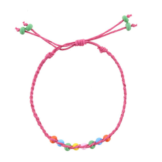 Kids Hot Pink Braided Bracelet with Multi Beads Adj. Bracelet