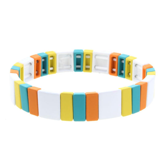 Orange, Yellow, White, Teal Square & Rectangular Metal Shape Stretch Bracelet
