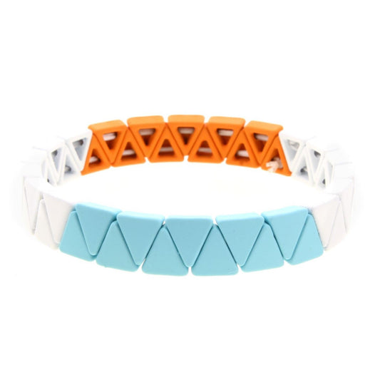 Orange, White, Light Blue Triangular Metal Shape Stretch Bracelet