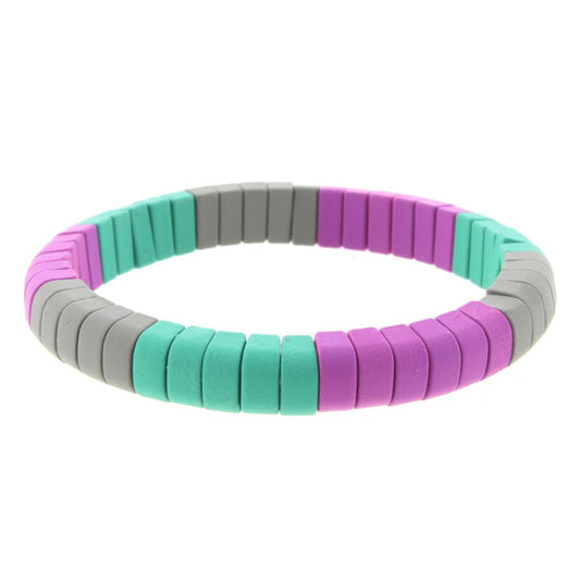Purple, Teal Green, Grey Rounded Rectangle Metal Shape Stretch Bracelet