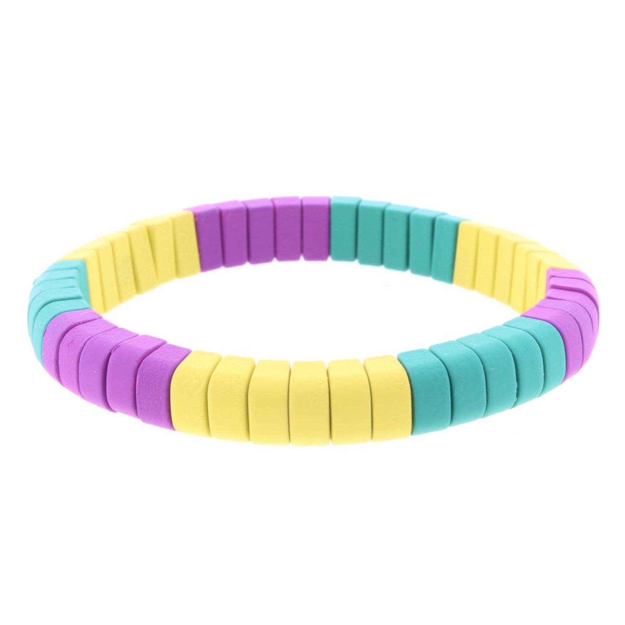 Yellow, Purple, Teal Green Rounded Rectangle Metal Shape Stretch Bracelet