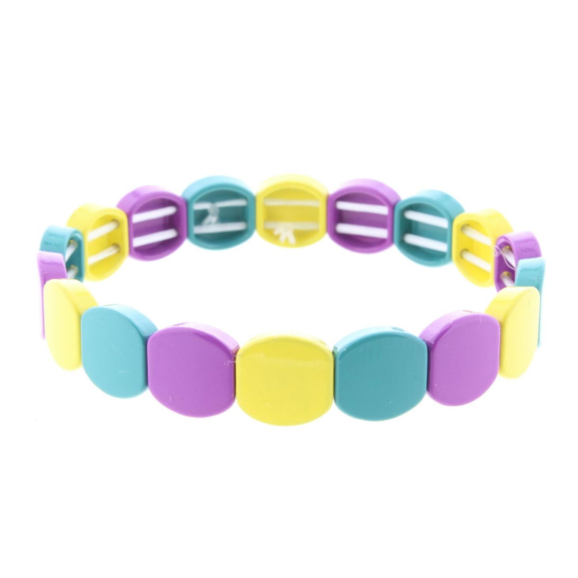Teal, Yellow, Purple Rounded Metal Shape Stretch Bracelet