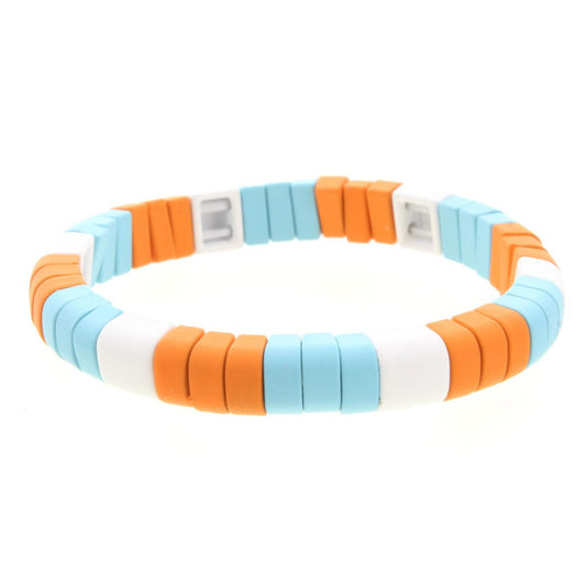 Orange, Light Blue, White Rounded Rectangle Metal Shape Stretch Bracelet
