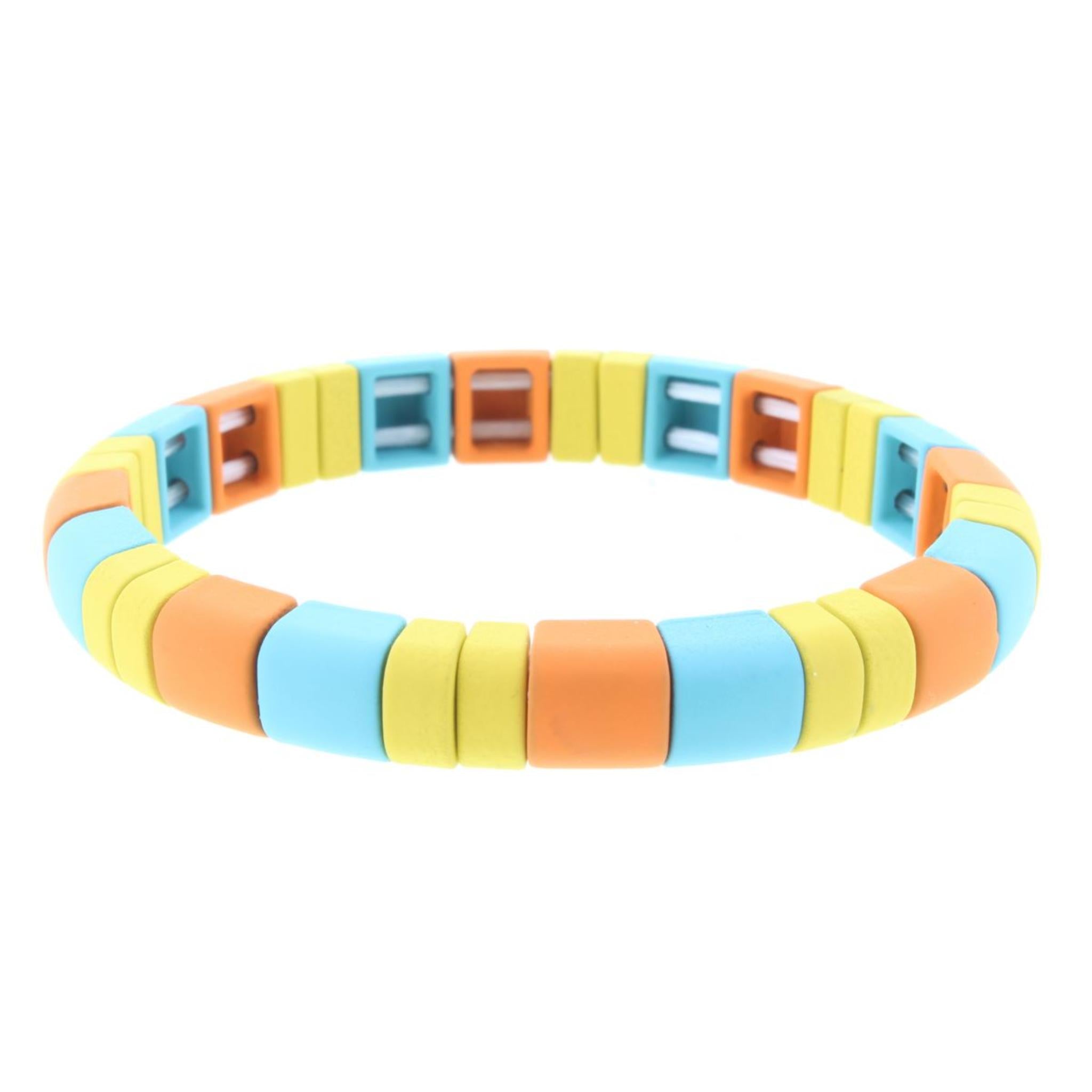 Yellow, Orange, Light Blue Rounded Rectangle Metal Shape Stretch Bracelet