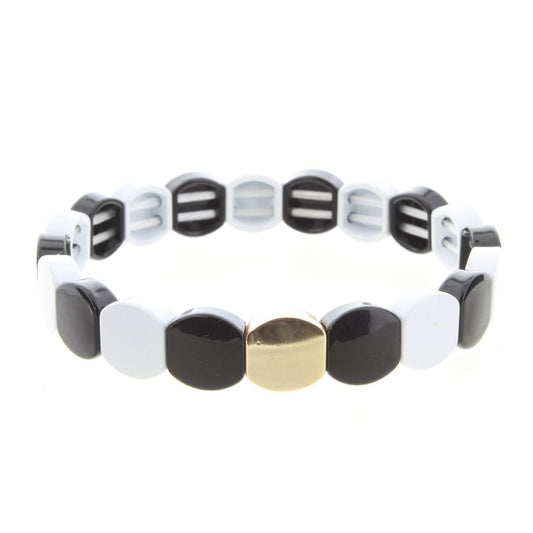 Black & White Rounded Metal Shape Stretch Bracelet