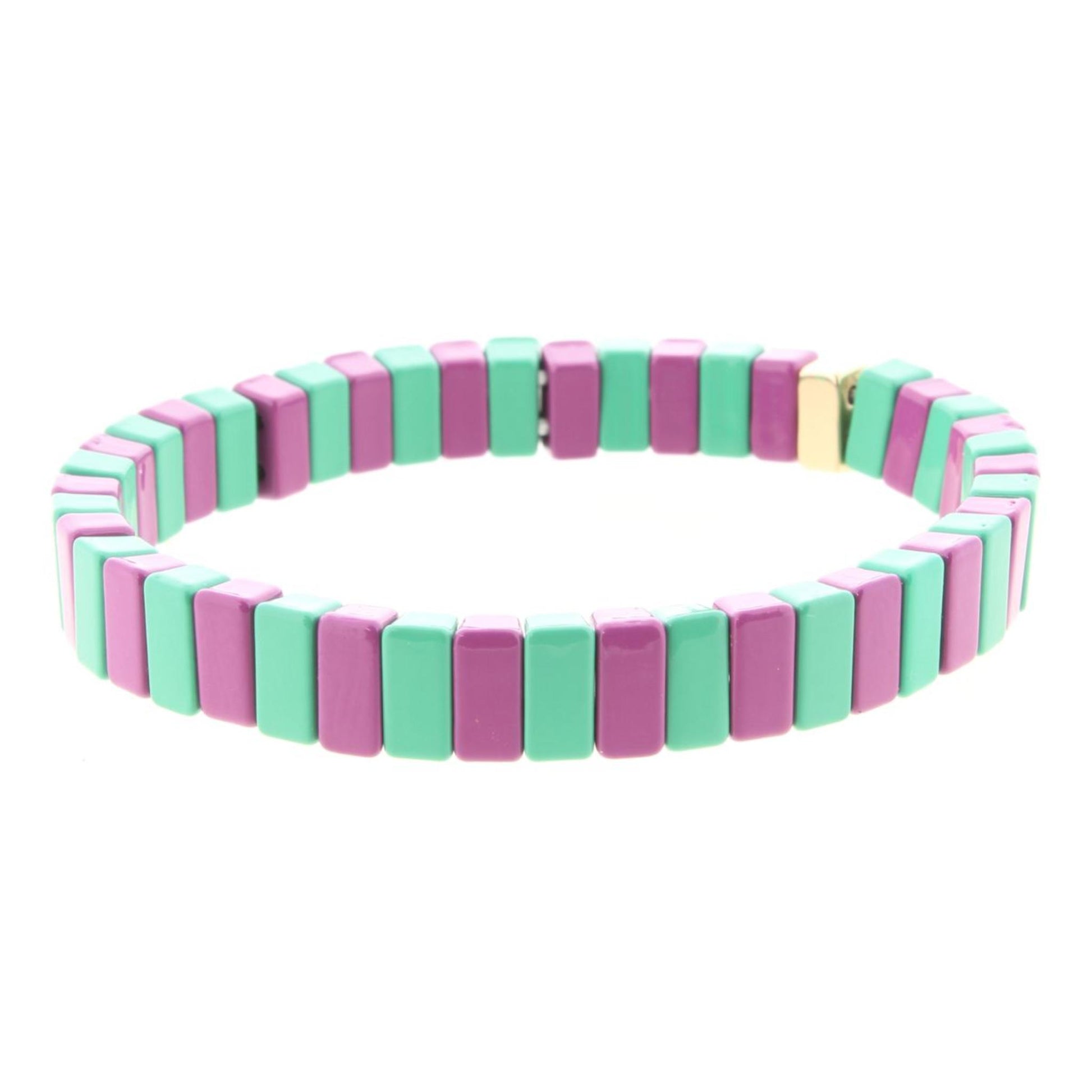 Purple & Teal Green Rectangle Metal Shape Stretch Bracelet