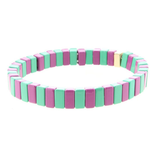 Purple & Teal Green Rectangle Metal Shape Stretch Bracelet