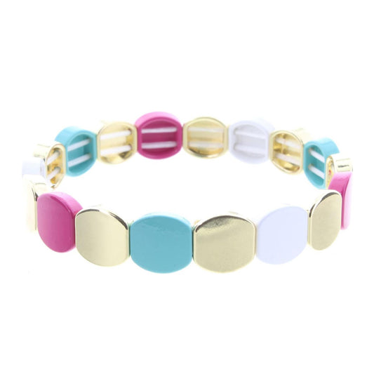 Mint, Gold, White, Dark Pink Rounded Metal Shape Stretch Bracelet