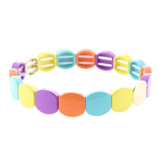Orange, Mint, Yellow, Purple. Gold Rounded Metal Shape Stretch Bracelet
