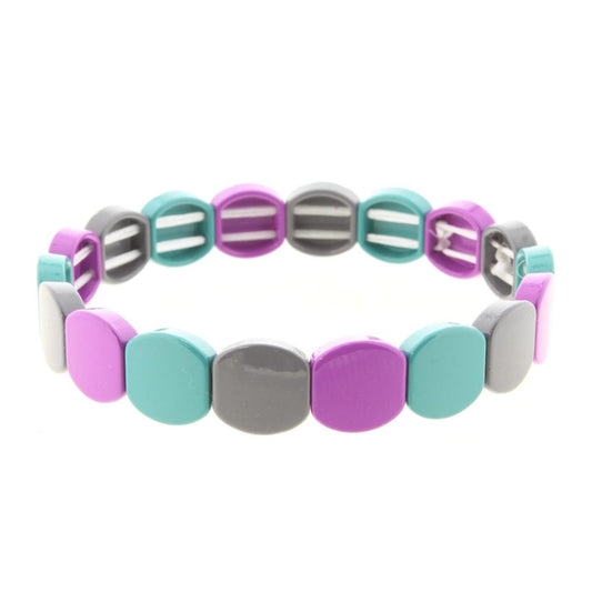 Grey, Teal, Purple Rounded Metal Shape Stretch Bracelet