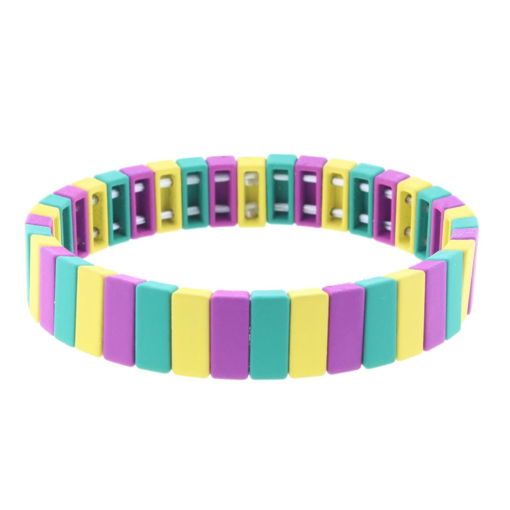 Yellow, Purple, Teal Green Rectangular Metal Shape Stretch Bracelet