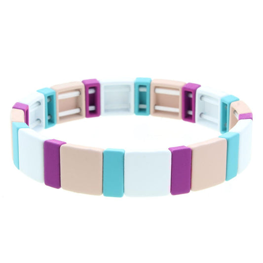 Purple, White, Peach, Mint Square & Rectangular Metal Shape Stretch Bracelet