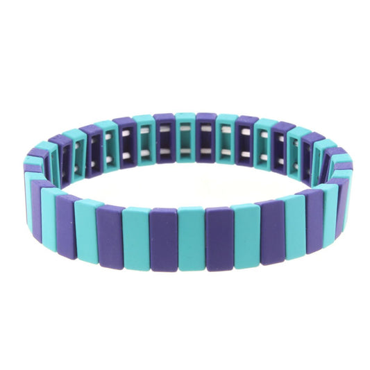 Navy & Teal Rectangular Metal Shape Stretch Bracelet