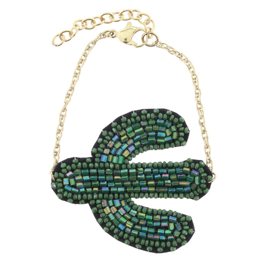Adjustable Gold Chain Bracelet with Beaded Cactus