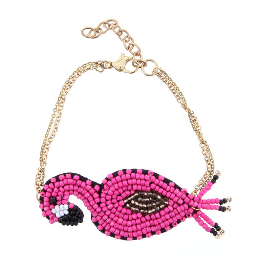 Adjustable Gold Chain Bracelet with Beaded Flamingo