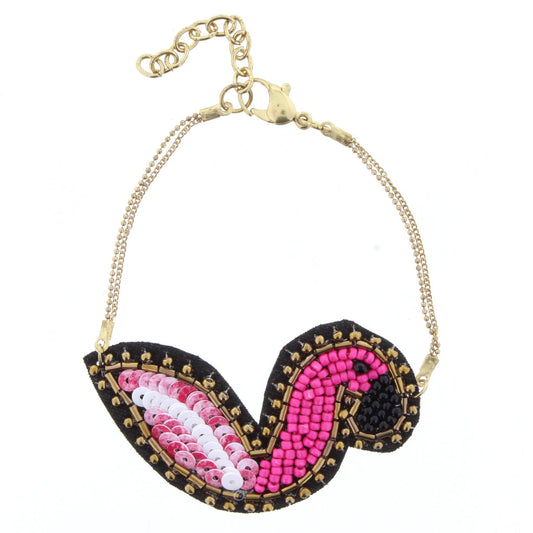 Adjustable Gold Chain Bracelet with Beaded Flamingo and Pink Tassels