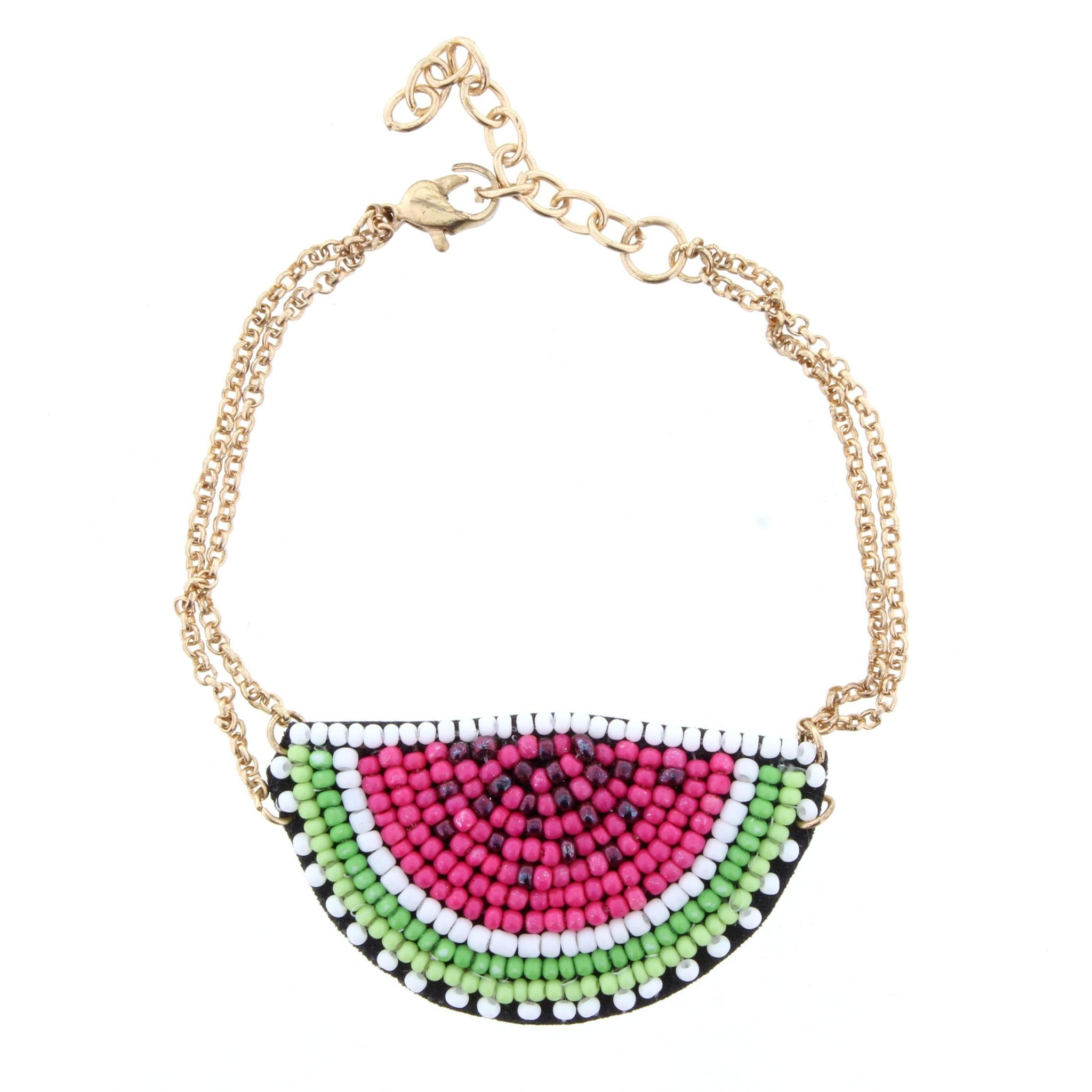 Adjustable Gold Chain Bracelet with Beaded Watermelon Slice