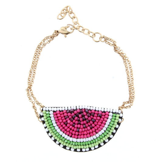 Adjustable Gold Chain Bracelet with Beaded Watermelon Slice