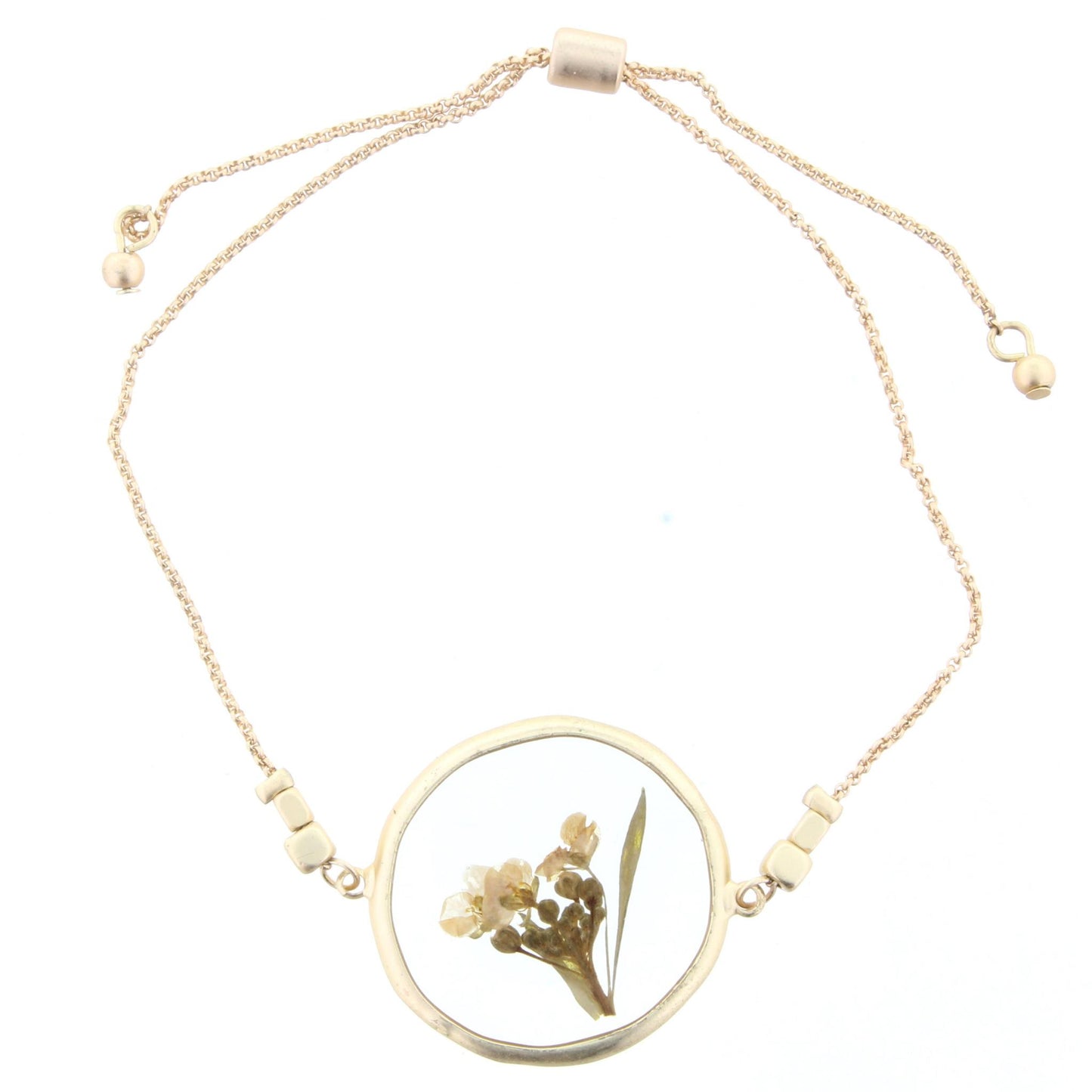 Adjustable Gold Bracelet with Pressed Cream Flowers in Resin Circle