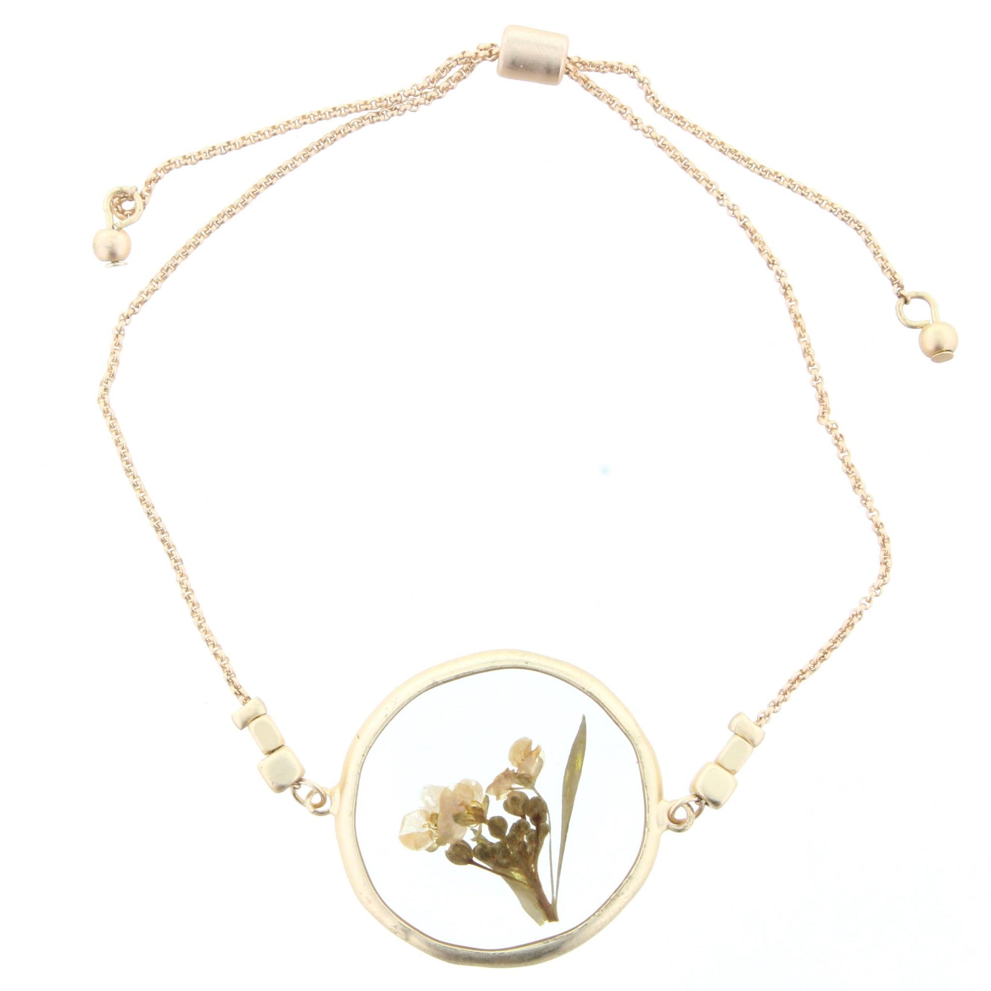 Adjustable Gold Bracelet with Pressed Cream Flowers in Resin Circle