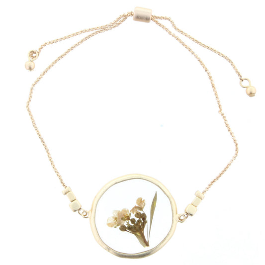 Adjustable Gold Bracelet with Pressed Cream Flowers in Resin Circle