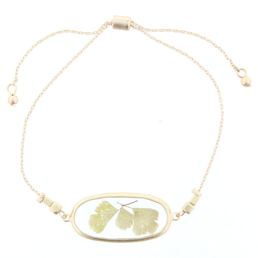 Adjustable Gold Bracelet with Pressed Leaves in Resin Oval