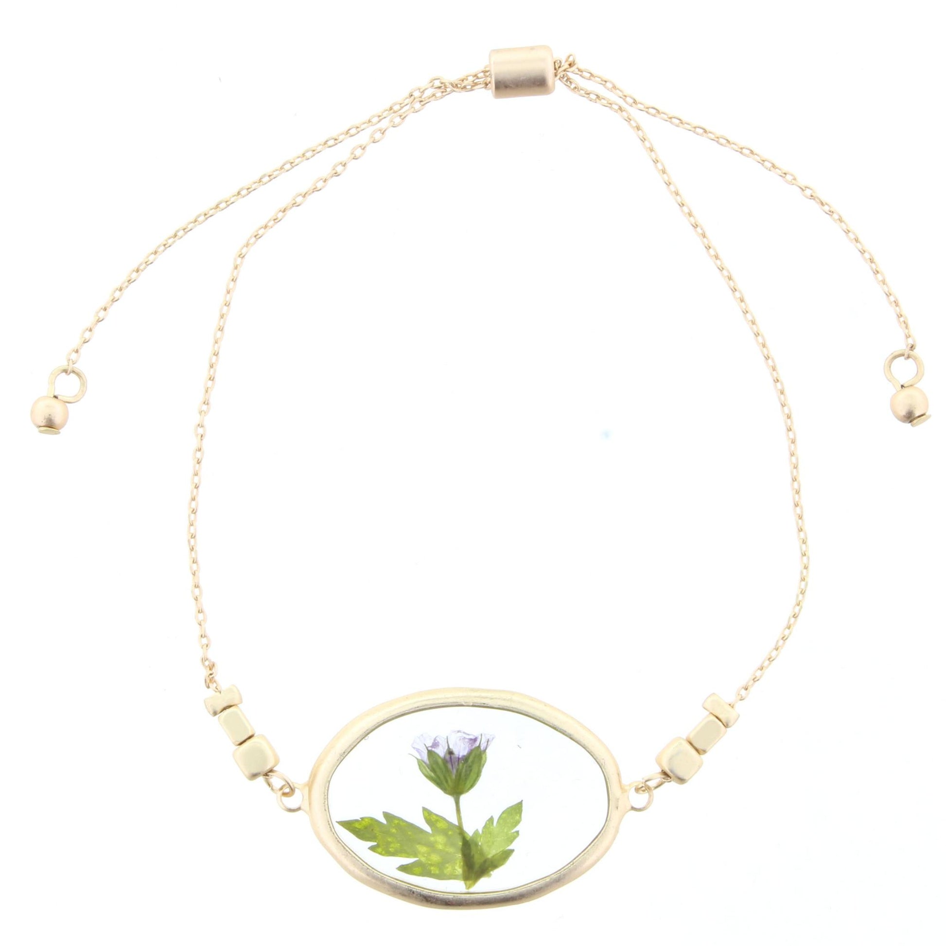 Adjustable Gold Bracelet with Pressed Purple Flowers in Resin Oval