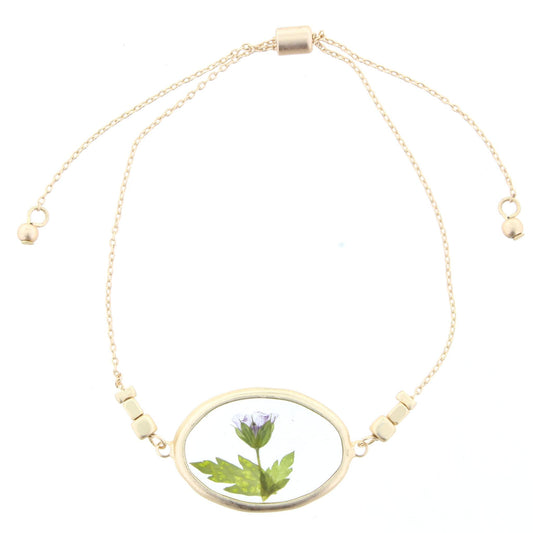 Adjustable Gold Bracelet with Pressed Purple Flowers in Resin Oval