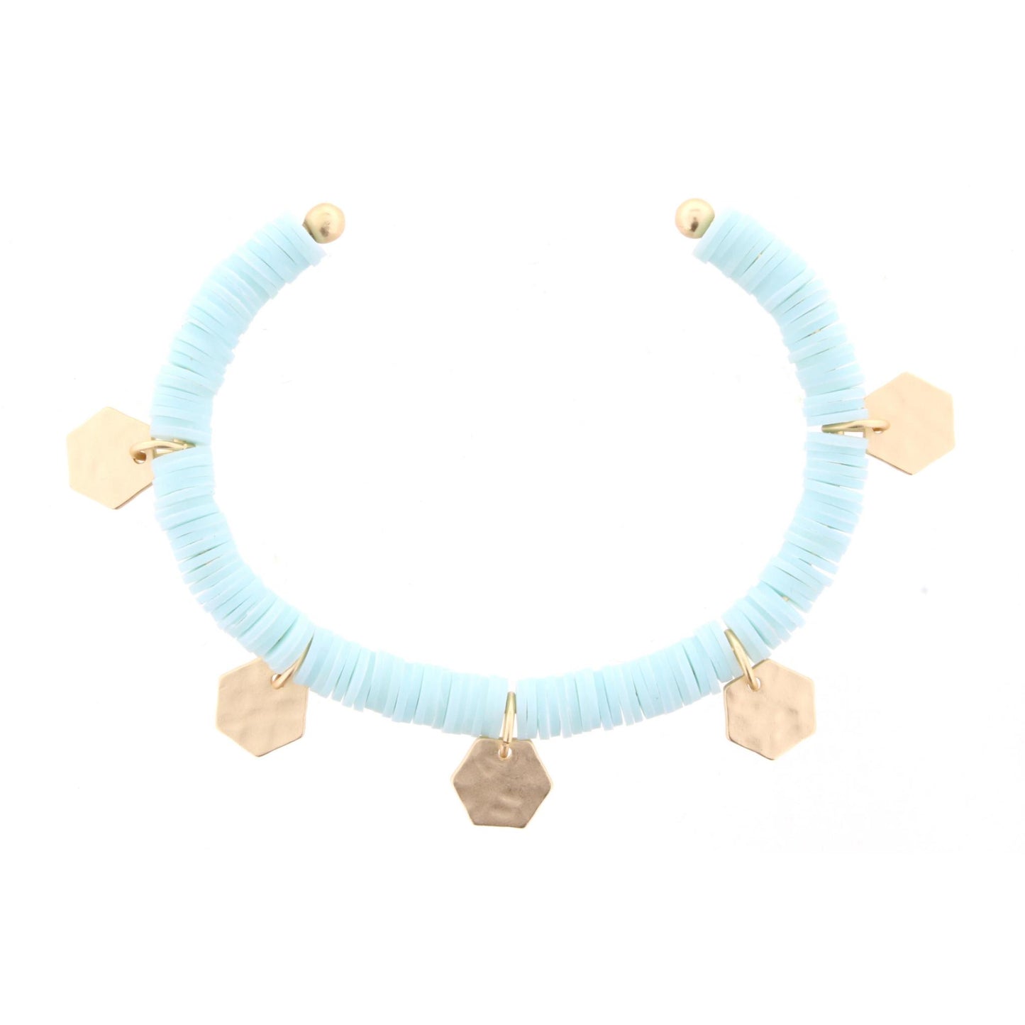 Soft Mint Discs Gold Cuff Bracelet with Gold Hexagon Accents