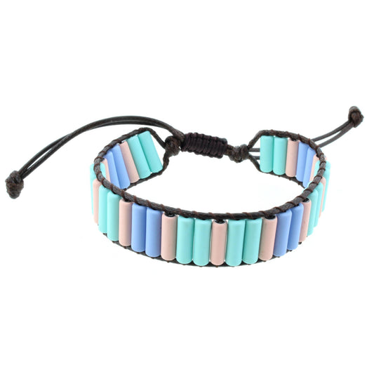 Rectangular Shaped Blue, Light Pink, and Mint Metal Beaded Adjustable Bracelet