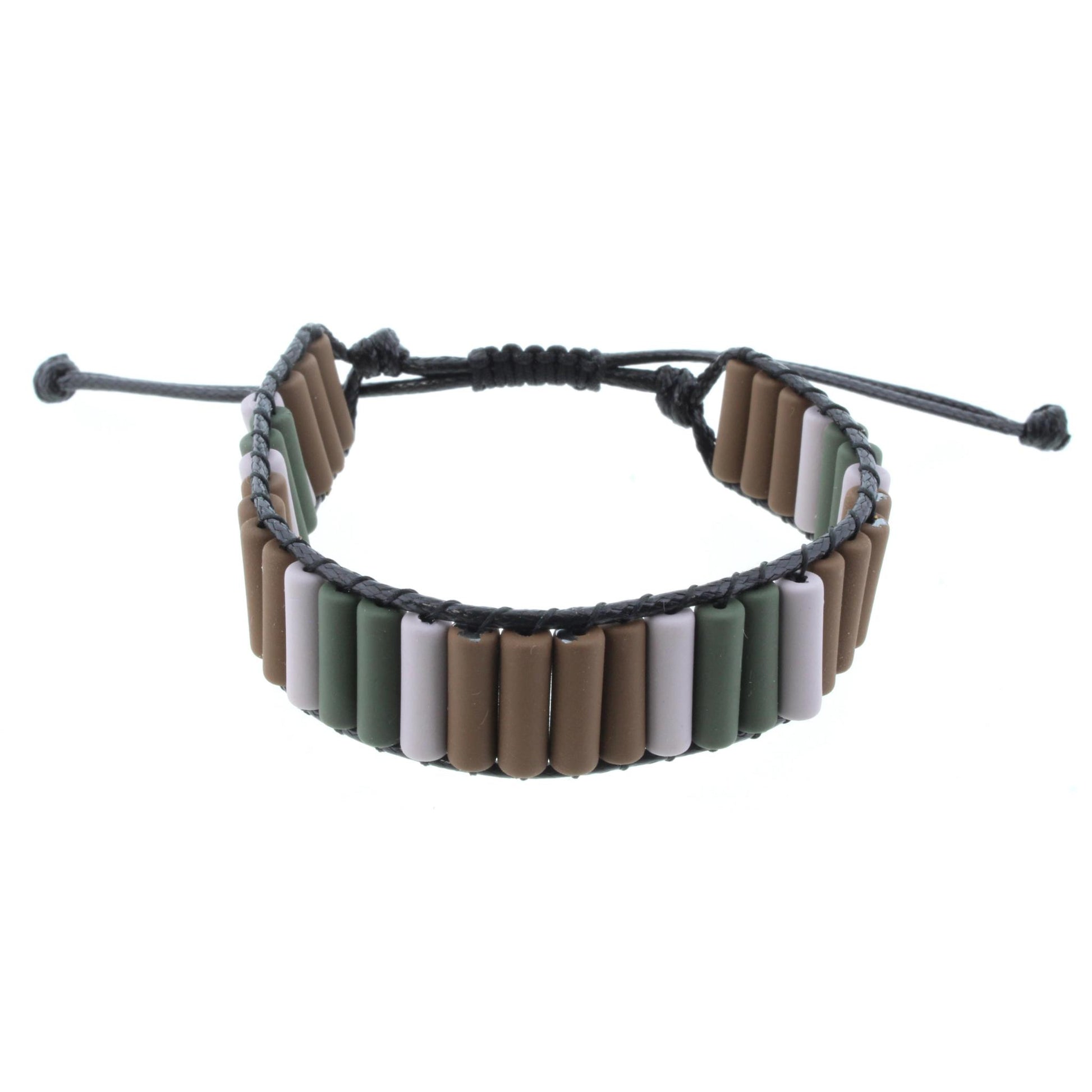 Cylindrical Shaped Brown, Grey, and Hunter Green Metal Beaded Adjustable Bracelet