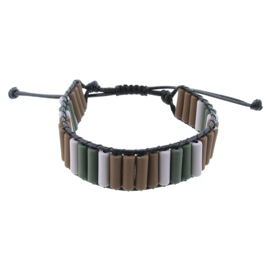 Cylindrical Shaped Brown, Grey, and Hunter Green Metal Beaded Adjustable Bracelet