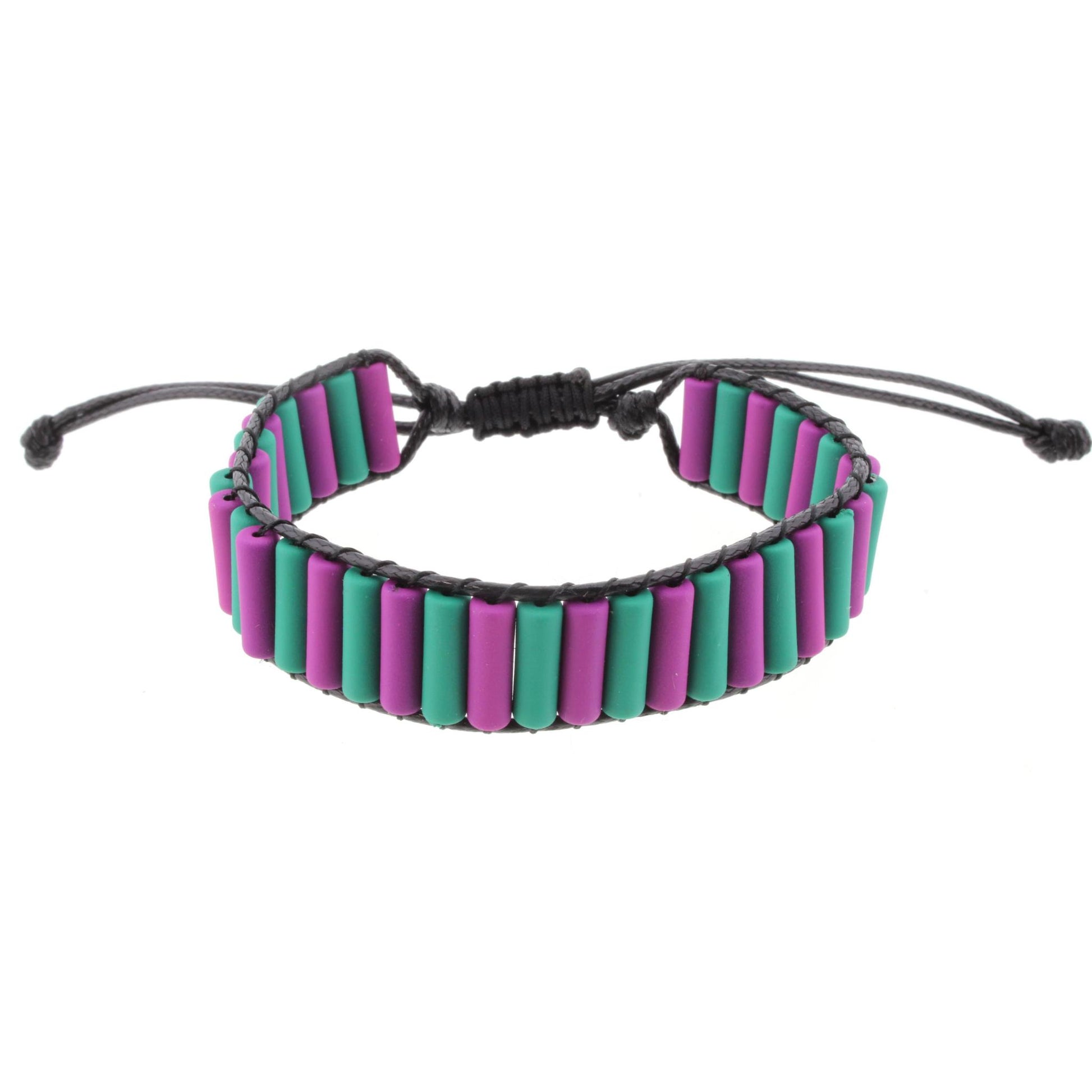 Cylindrical Shaped Green and Purple Metal Beaded Adjustable Bracelet