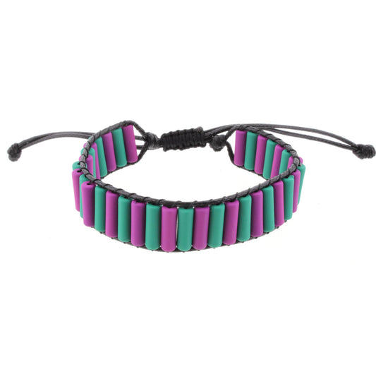 Cylindrical Shaped Green and Purple Metal Beaded Adjustable Bracelet
