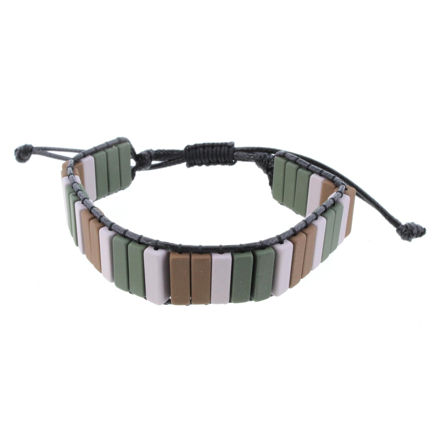 Rectangular Shaped Hunter Green, Grey, and Brown Metal Beaded Adjustable Bracelet