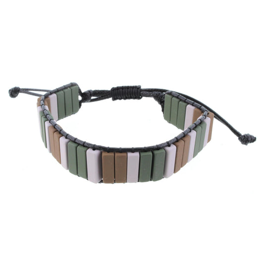 Rectangular Shaped Hunter Green, Grey, and Brown Metal Beaded Adjustable Bracelet